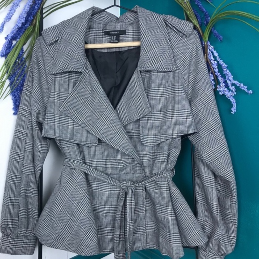 Forever 21 Plaid Blazer with peplum and ti…